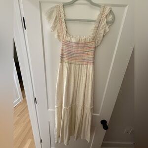 LoveShackFancy Chessie Cream Dress with Pastel Multi Smocked Detail